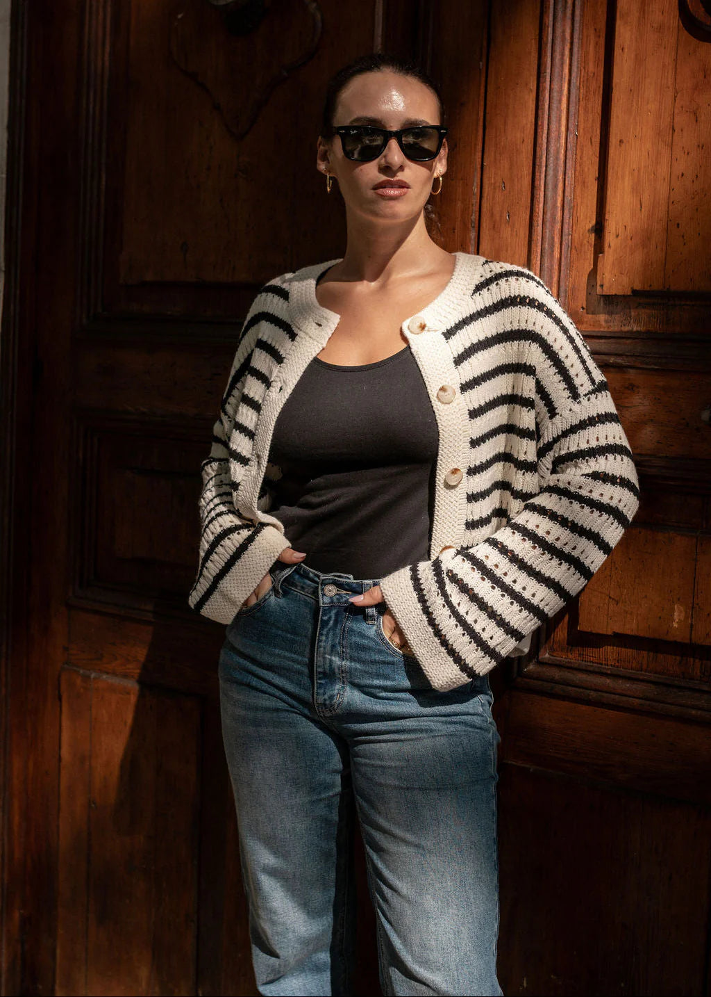 Cream Stripe Cable Knit Cardigan