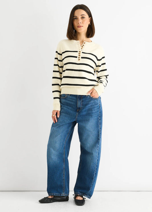 Cream Stripe Button Up Loose Fit Knit Jumper