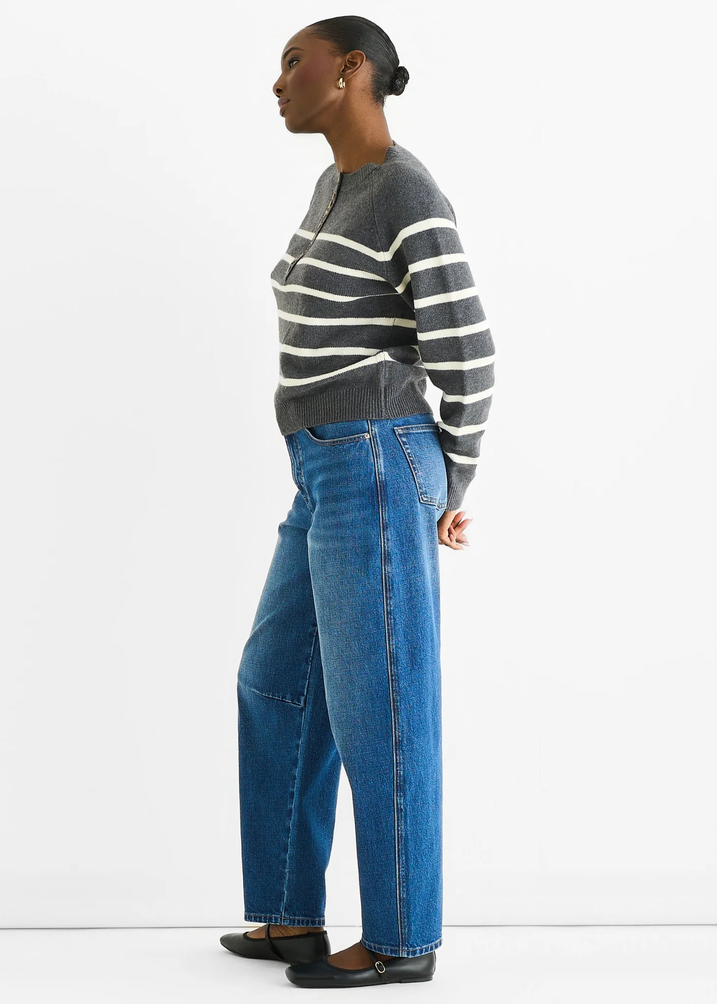 Grey Stripe Button Up Loose Fit Knit Jumper