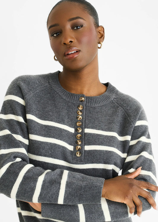 Grey Stripe Button Up Loose Fit Knit Jumper