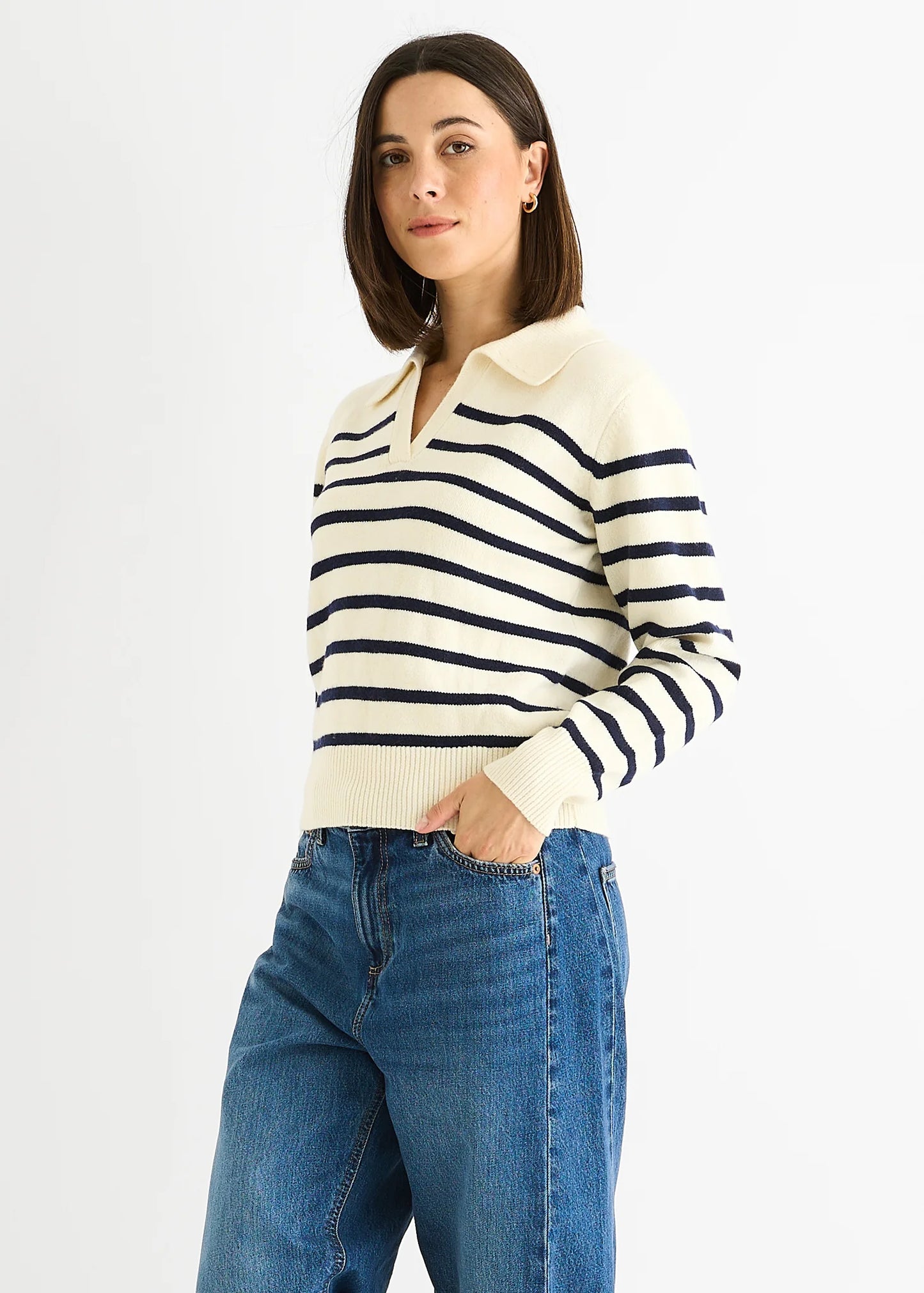 Cream Stripe V Neck Collar Knit Jumper