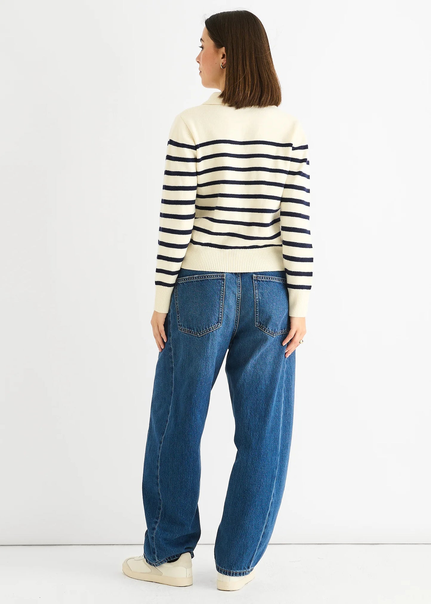 Cream Stripe V Neck Collar Knit Jumper