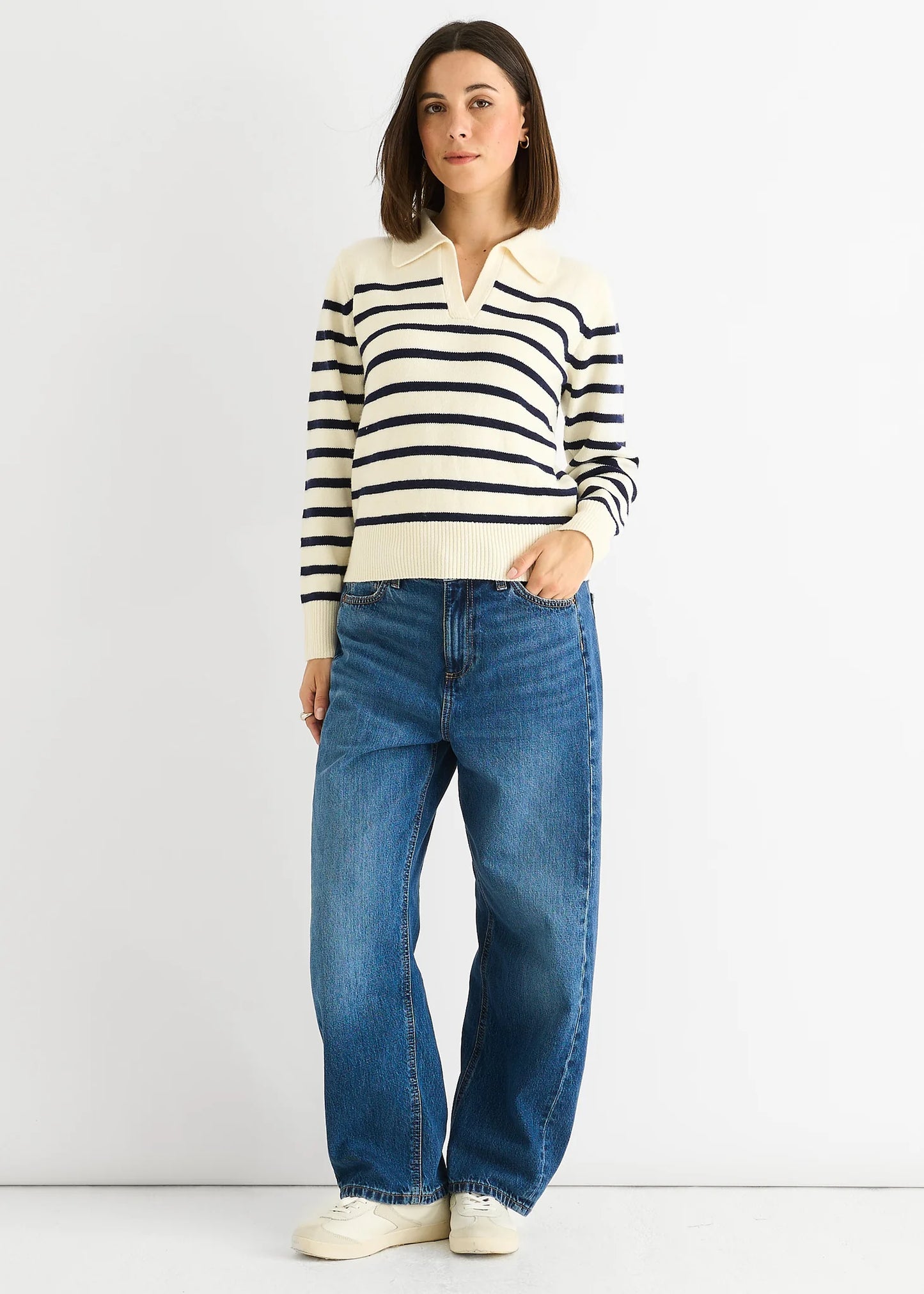 Cream Stripe V Neck Collar Knit Jumper