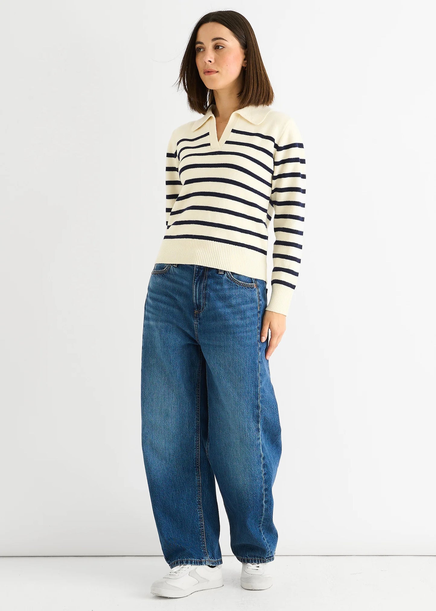 Cream Stripe V Neck Collar Knit Jumper