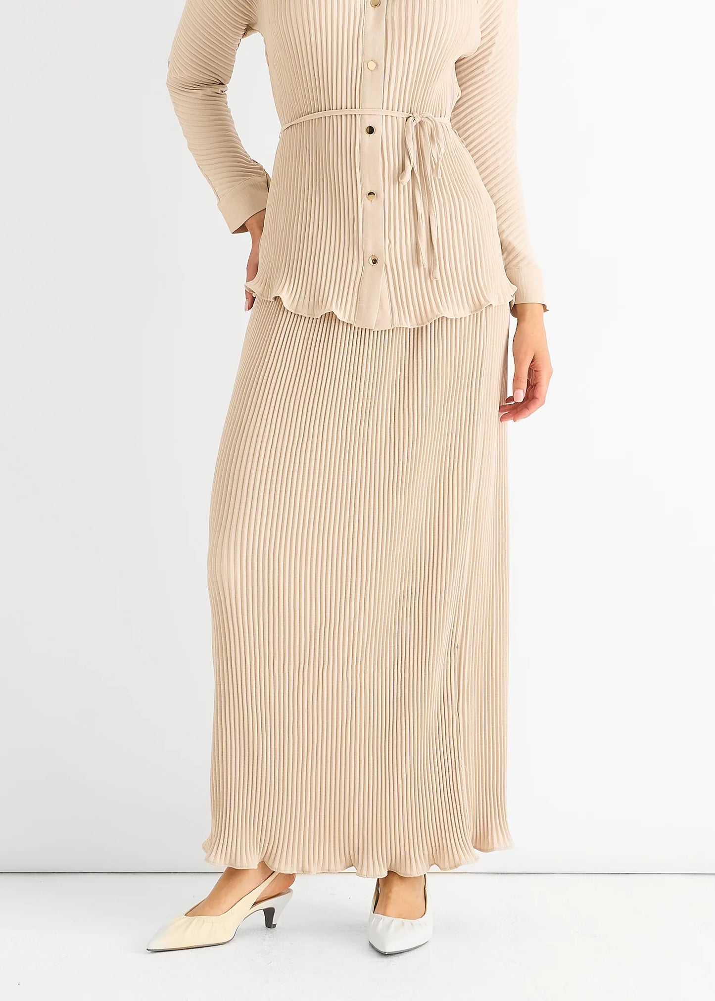 Beige Plisse Elasticated Waist Maxi Skirt