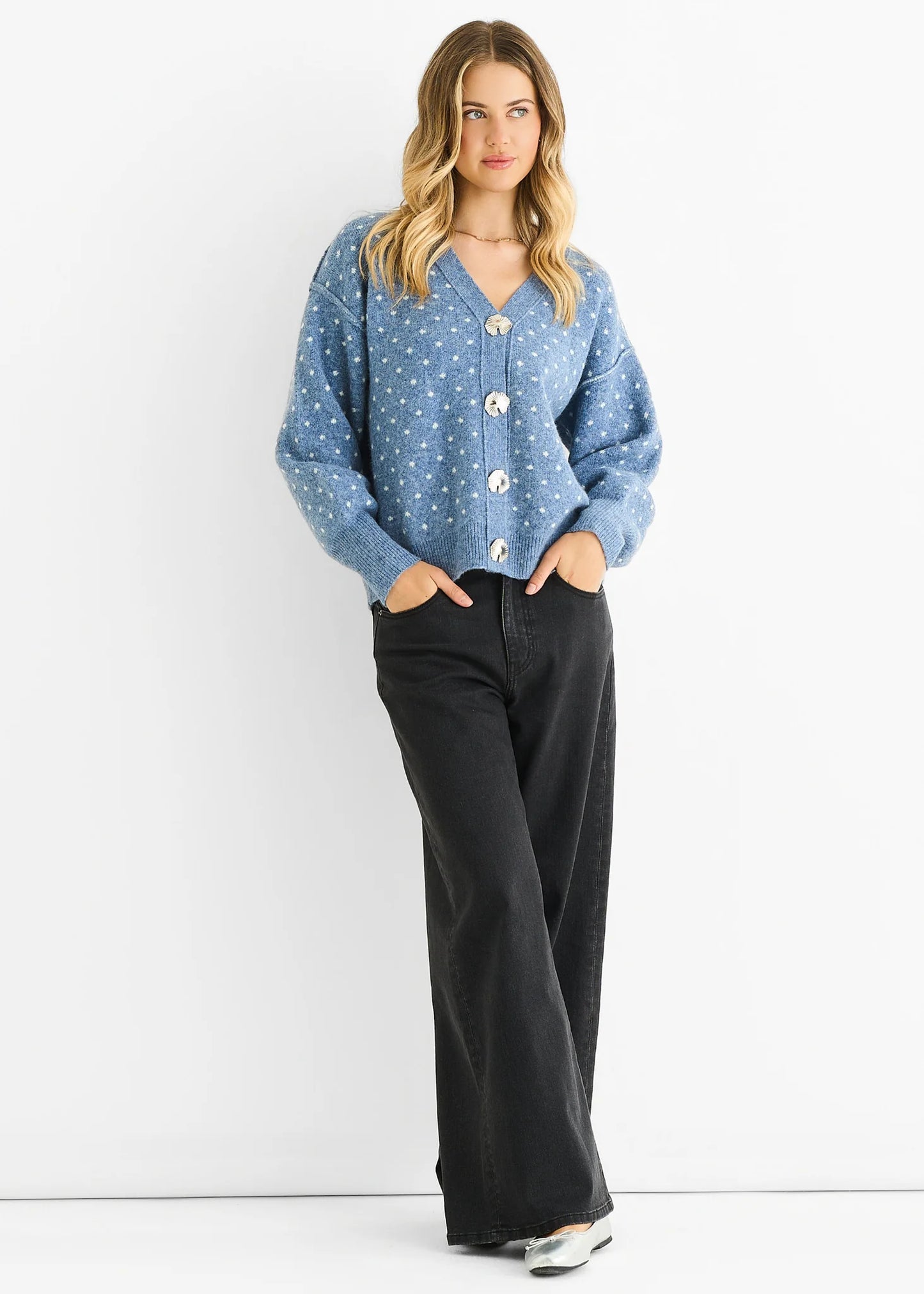 Spot Print Button Cardigan in Blue