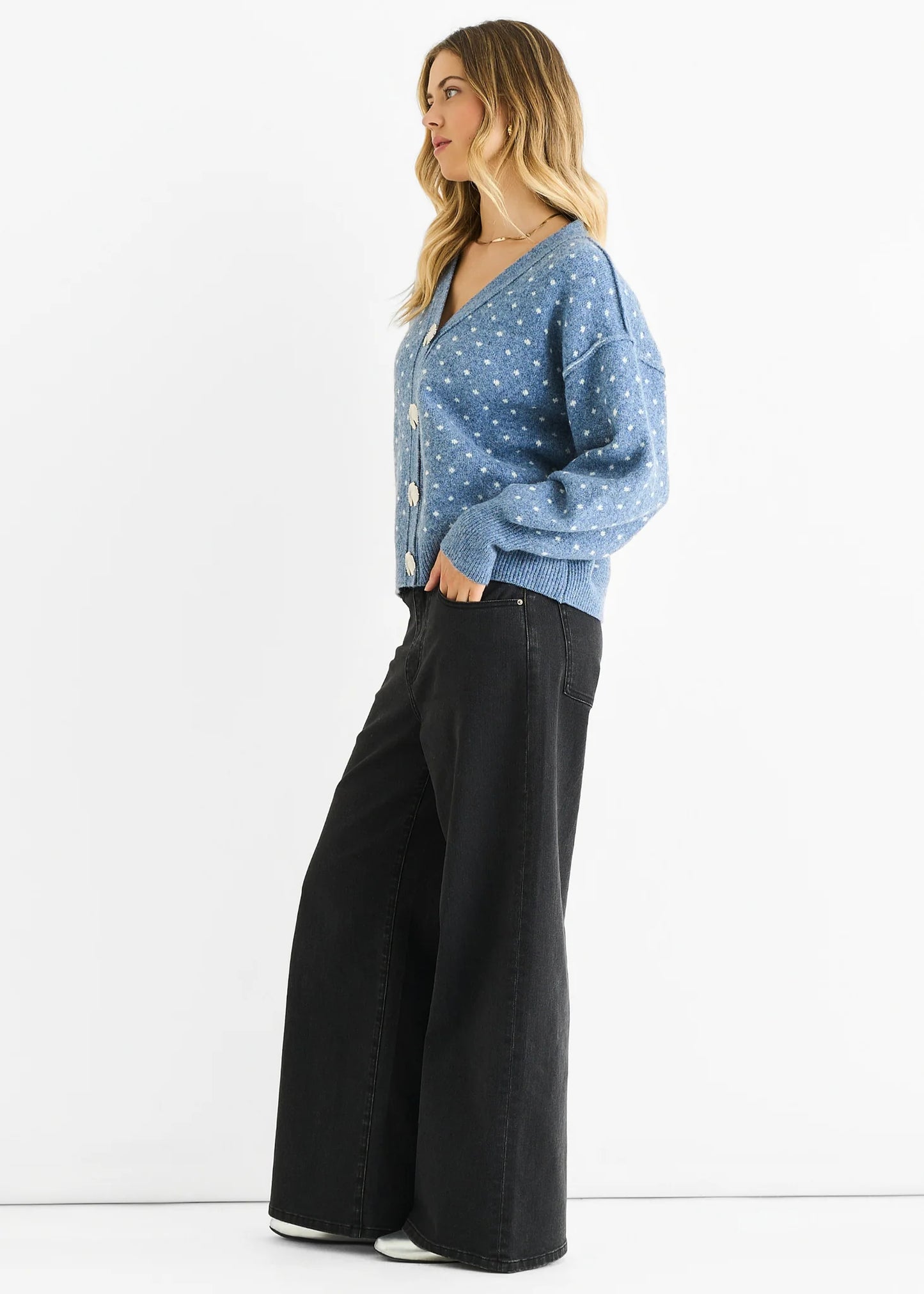 Spot Print Button Cardigan in Blue