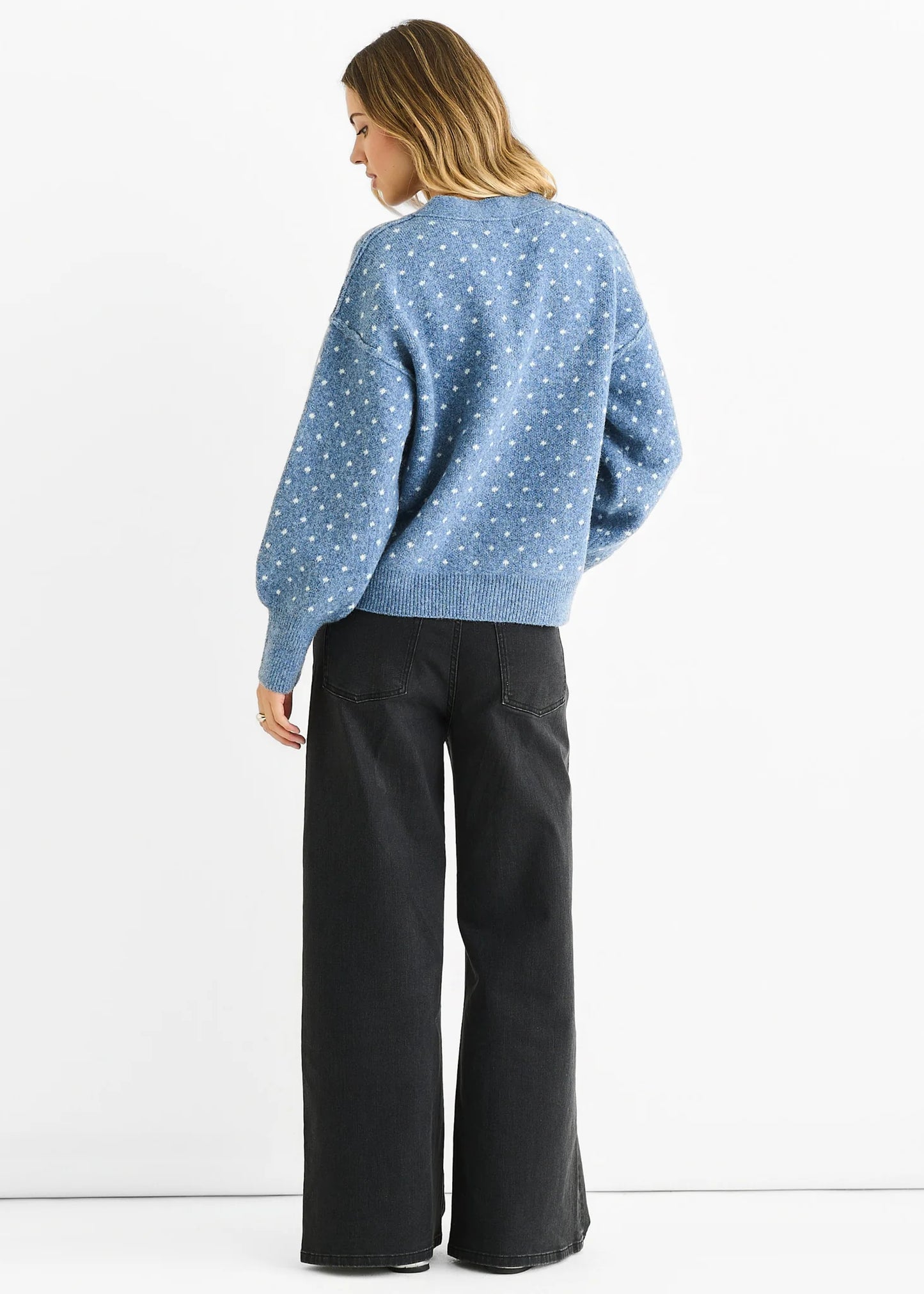 Spot Print Button Cardigan in Blue