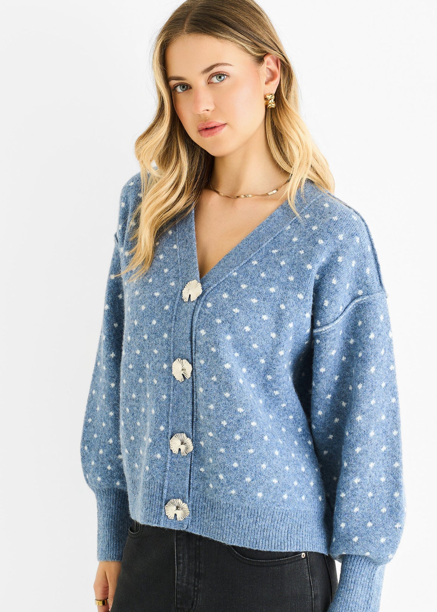 Spot Print Button Cardigan in Blue