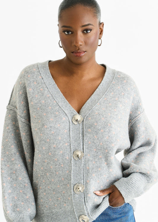 Grey Spot Print Button Cardigan
