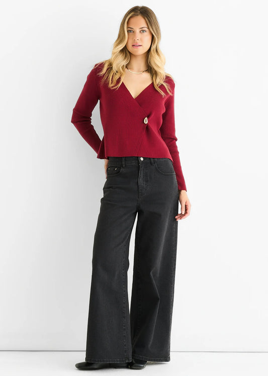 Burgundy Button Wrap Compact Knit Cardigan