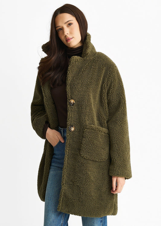 Khaki Faux Fur Longline Teddy Overcoat