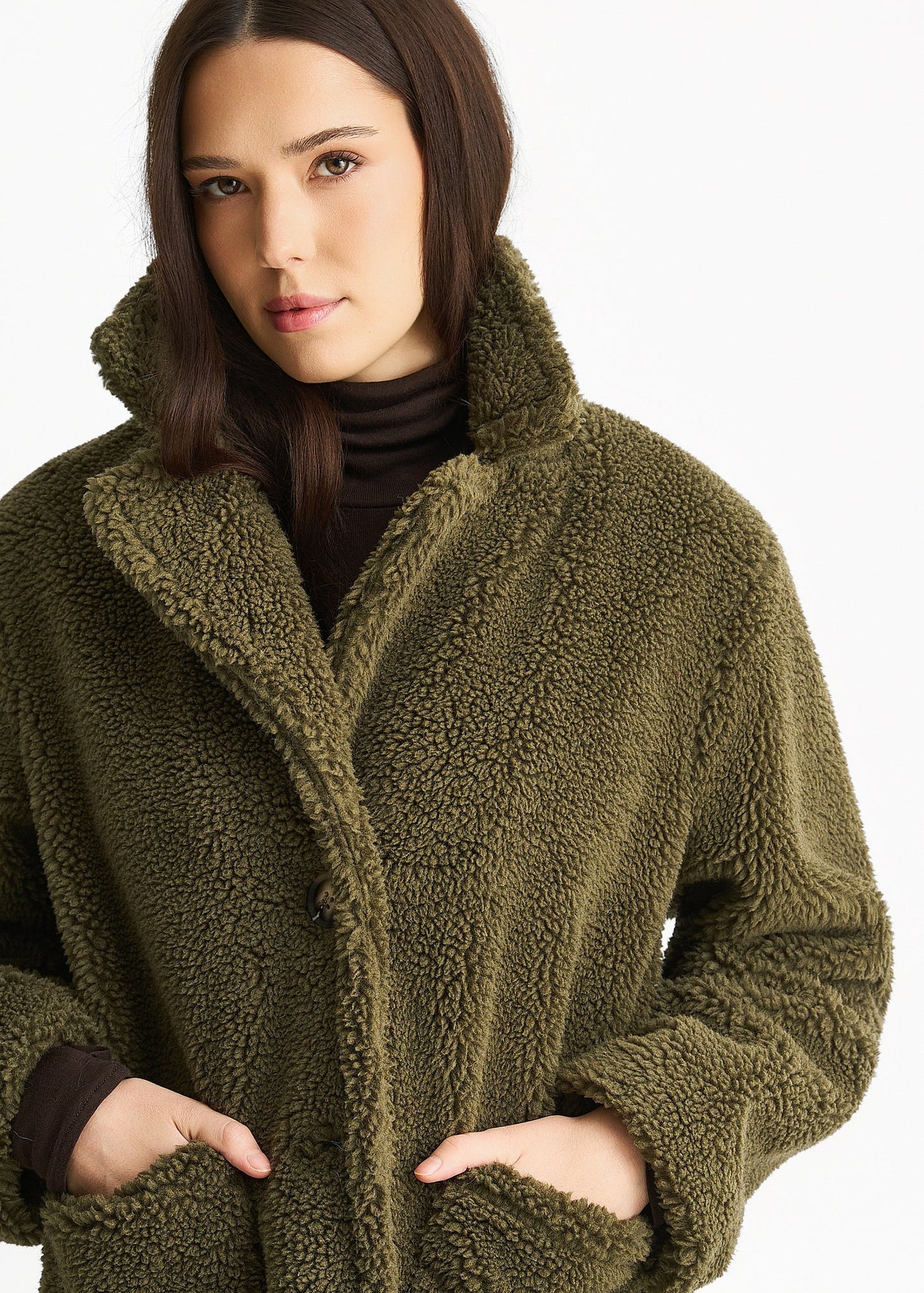 Khaki Faux Fur Longline Teddy Overcoat