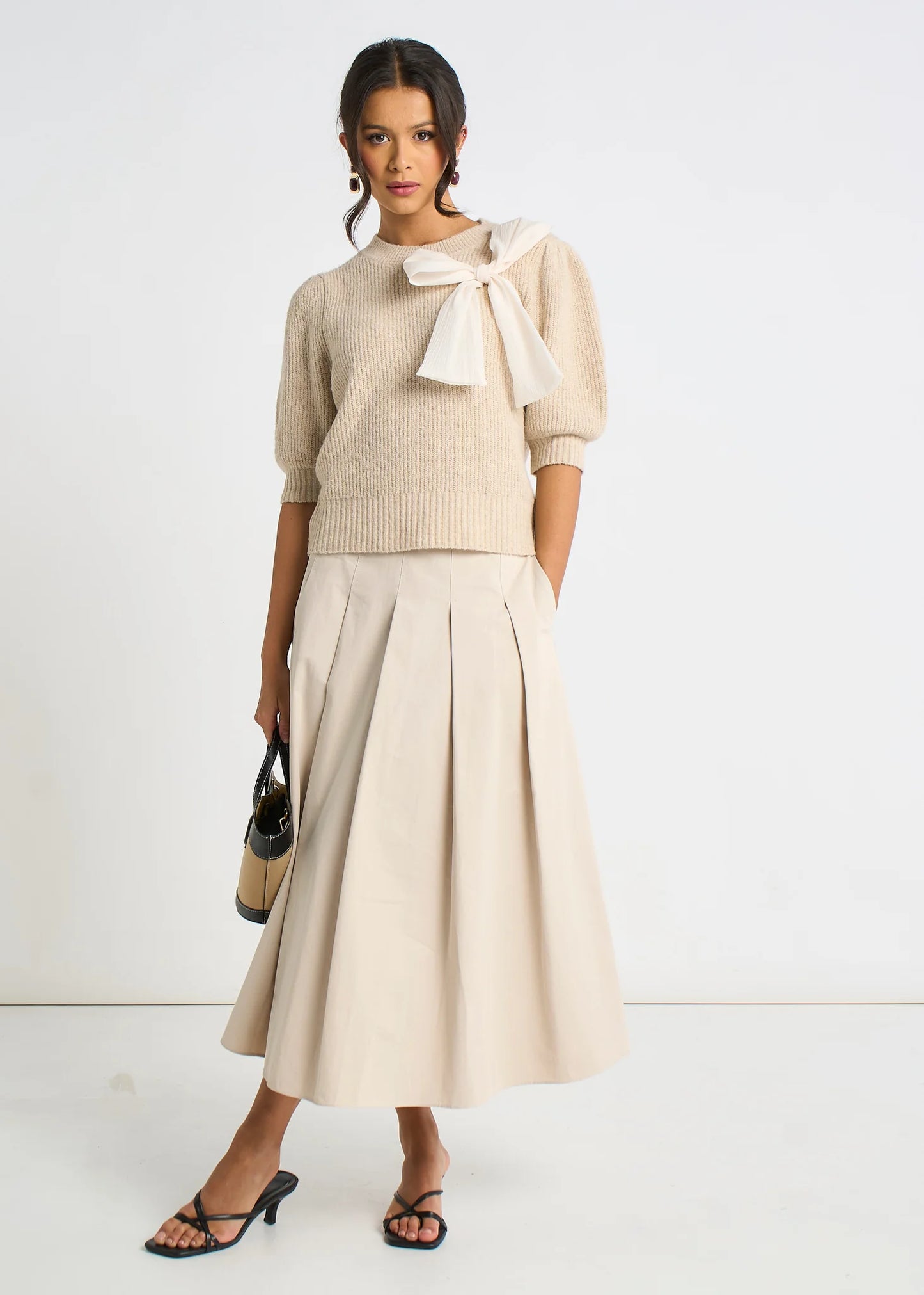 Mocha Chiffon Bow Knitted Jumper