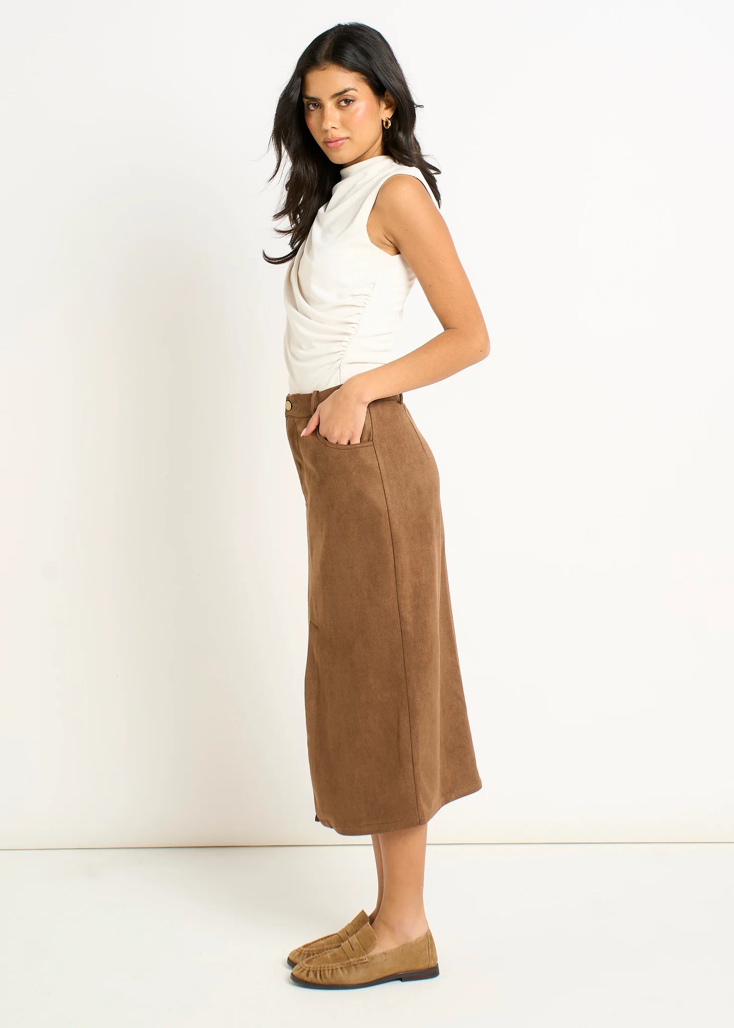 Brown Faux Suede Pencil Skirt