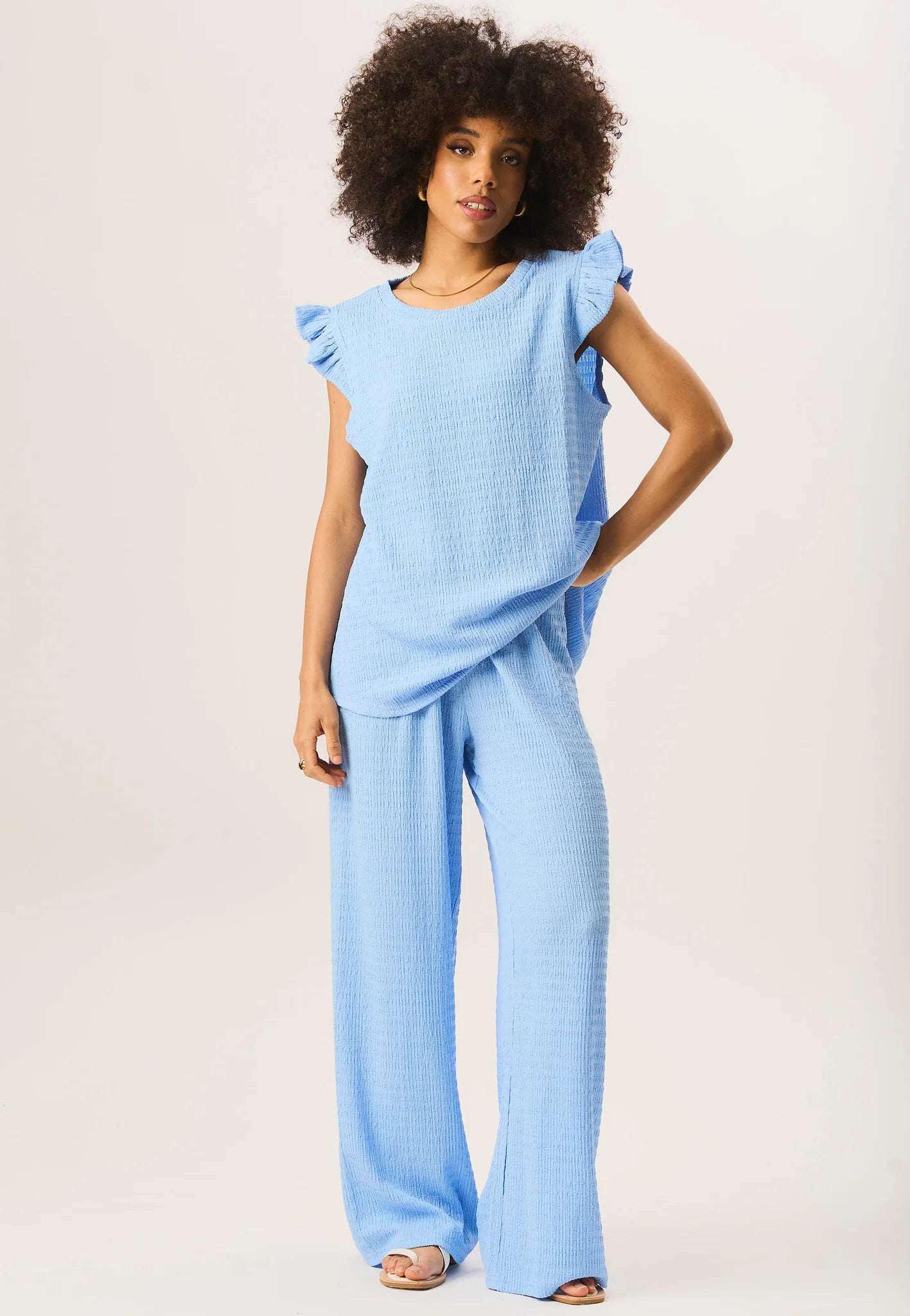 Blue Textured Elastic Waist Pull On Trousers