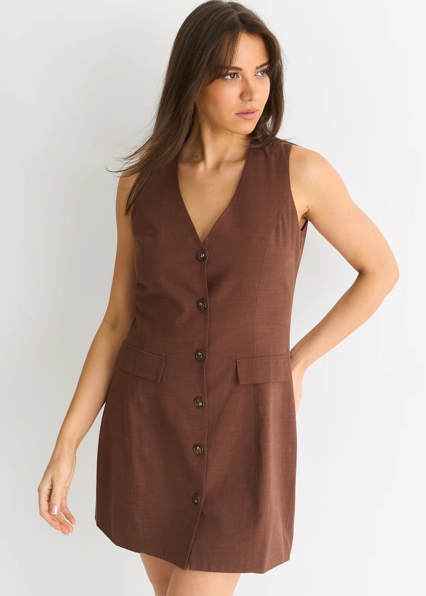 Chocolate Linen Button Through Mini Shirt Dress