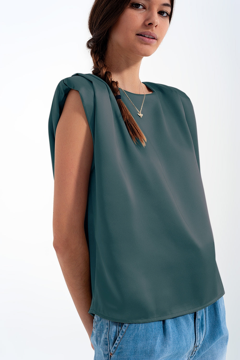 Satin Sleeveless Top in Green