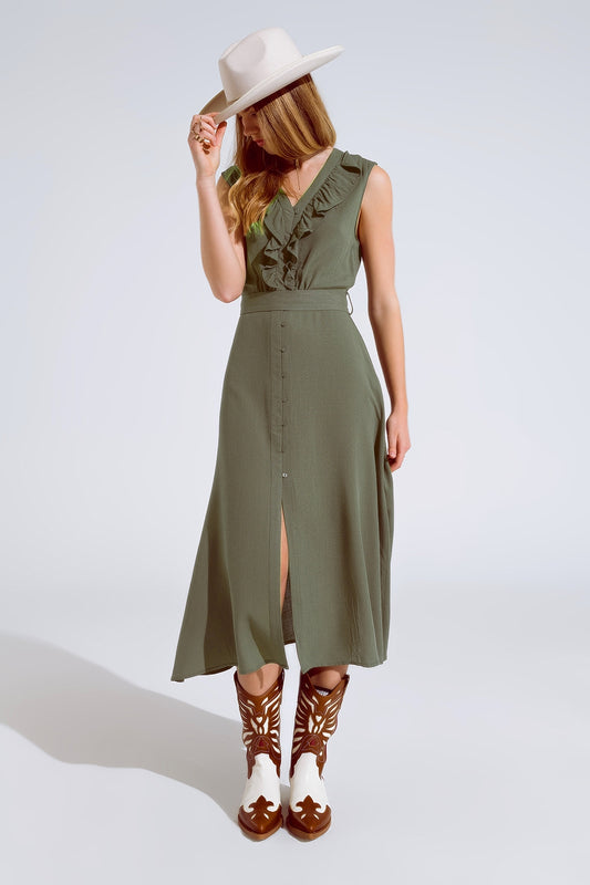 Maxi Dress in Khaki With Button Front