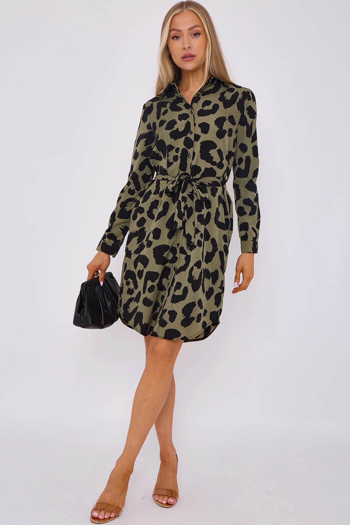Leopard Print Mini Shirt Dress in Khaki