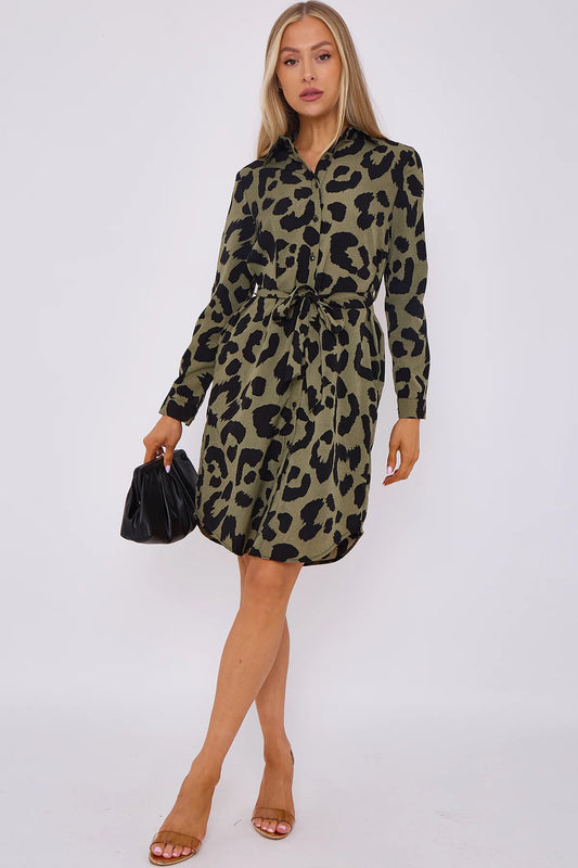 Leopard Print Mini Shirt Dress in Khaki