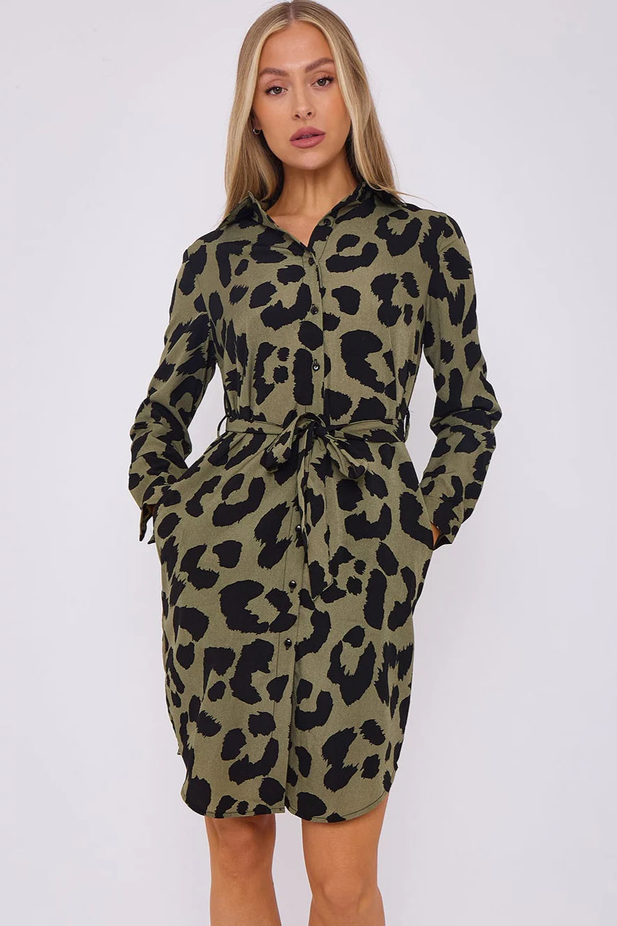 Leopard Print Mini Shirt Dress in Khaki