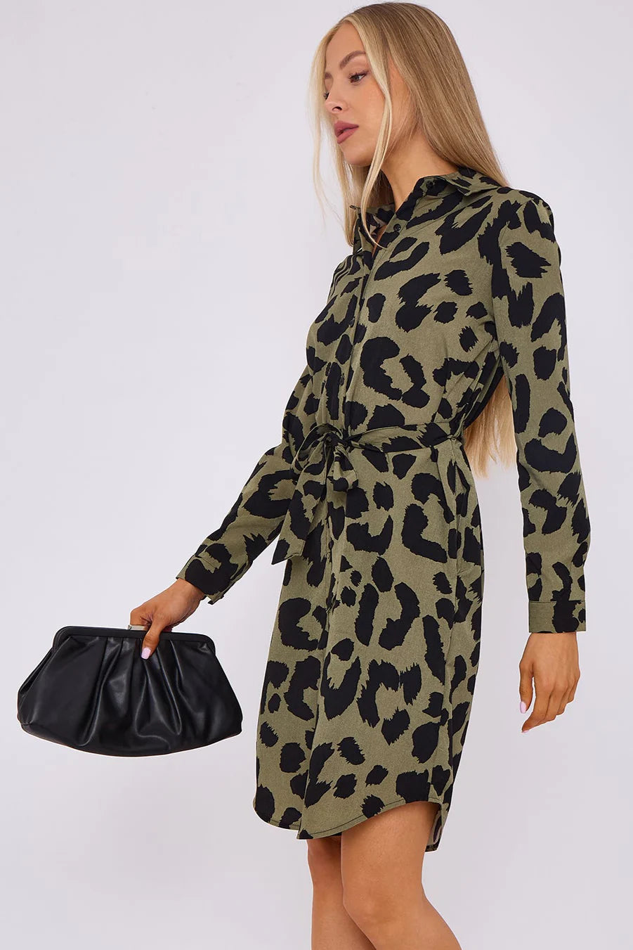 Leopard Print Mini Shirt Dress in Khaki