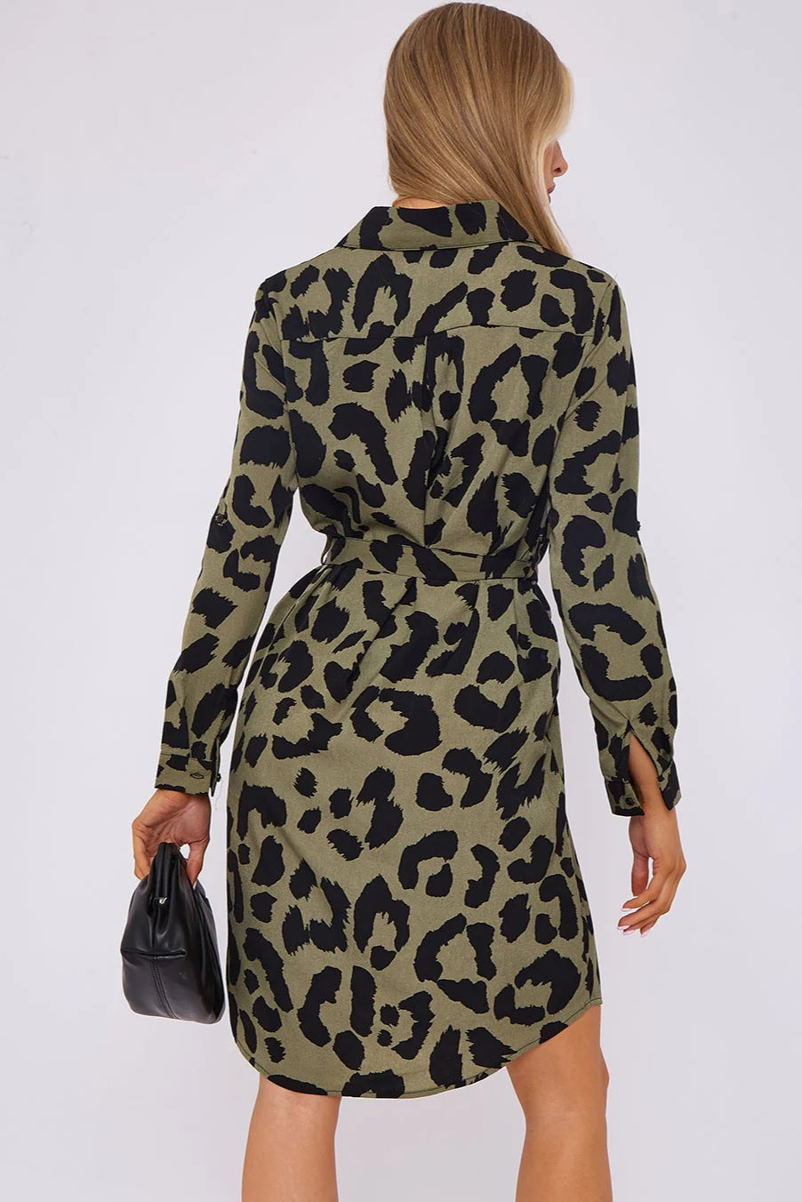 Leopard Print Mini Shirt Dress in Khaki