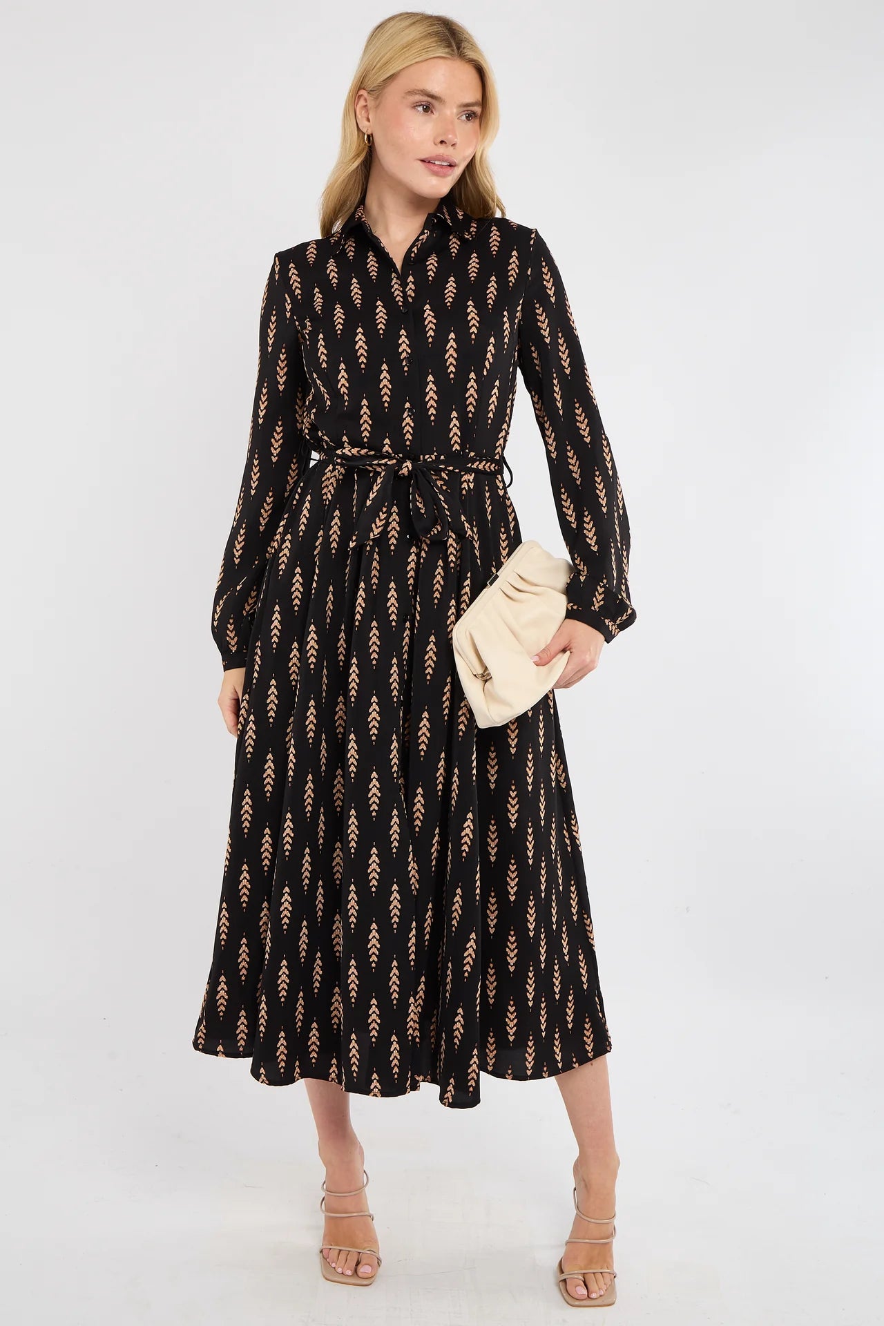 Tan Chevron Print Midaxi Dress