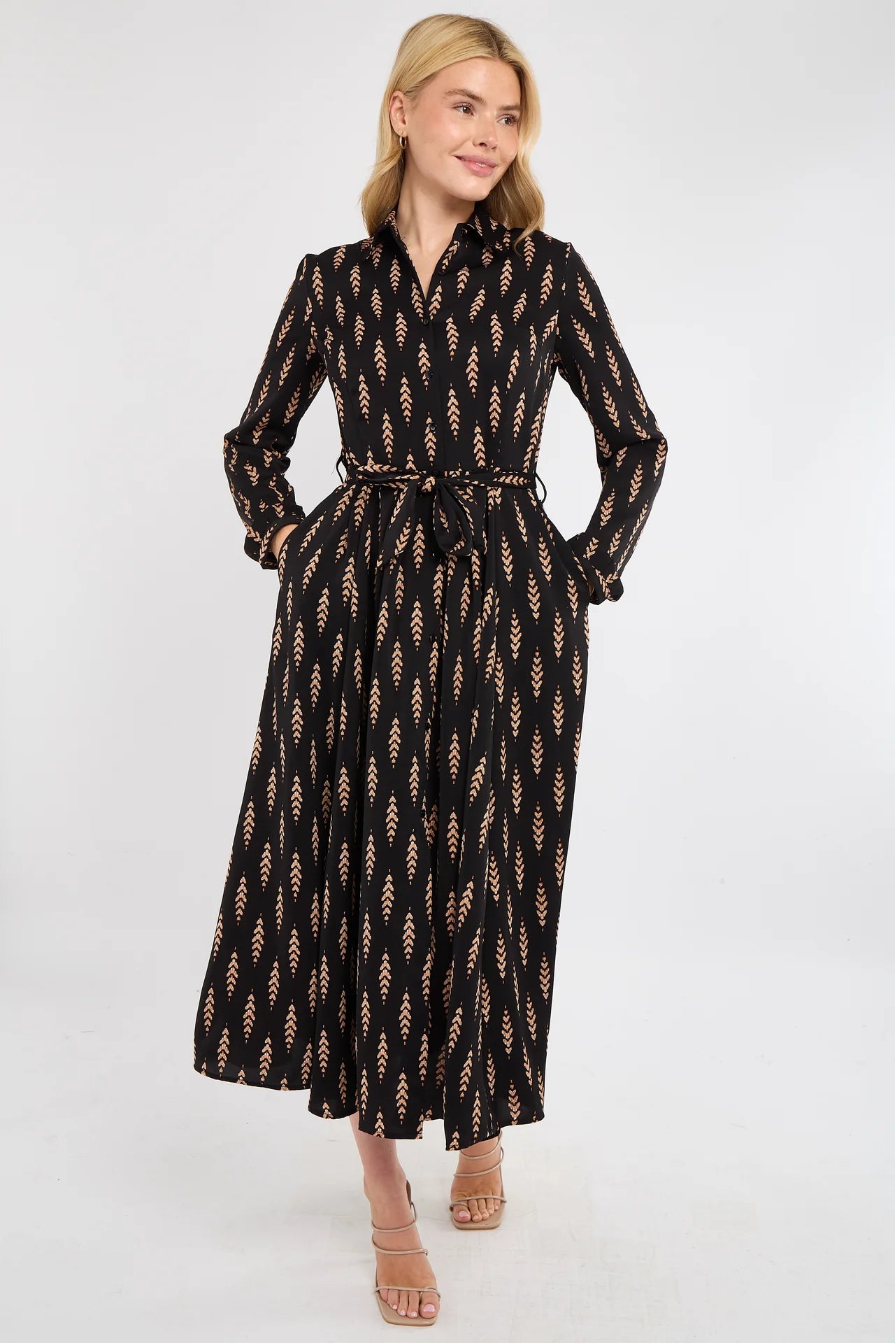 Tan Chevron Print Midaxi Dress