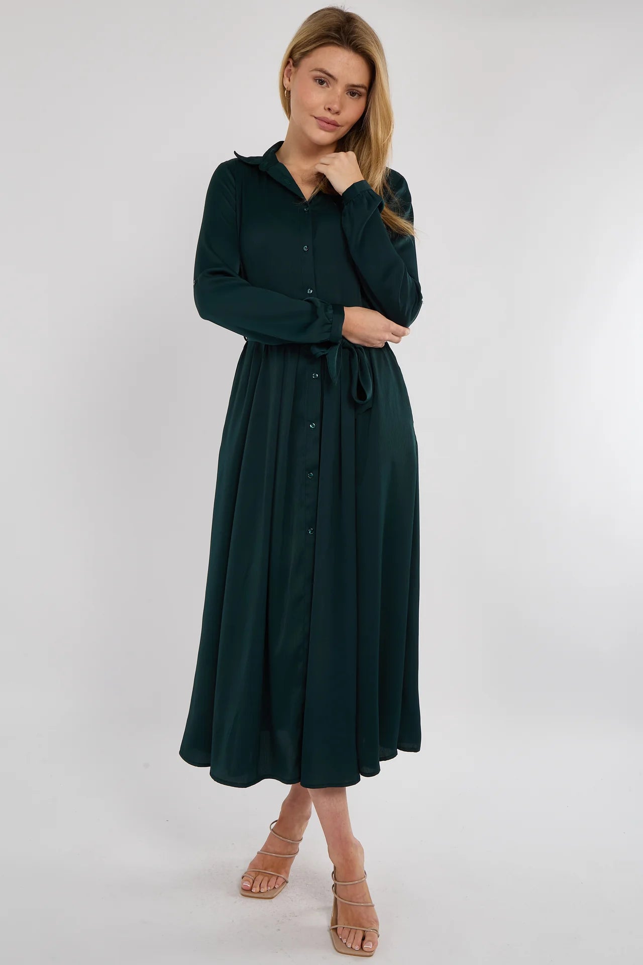 Emerald Layered Satin Shirt Dress