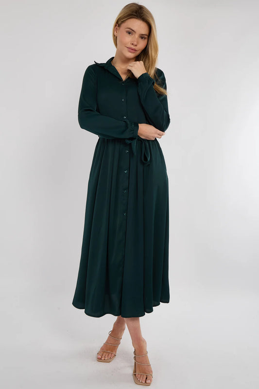 Emerald Layered Satin Shirt Dress