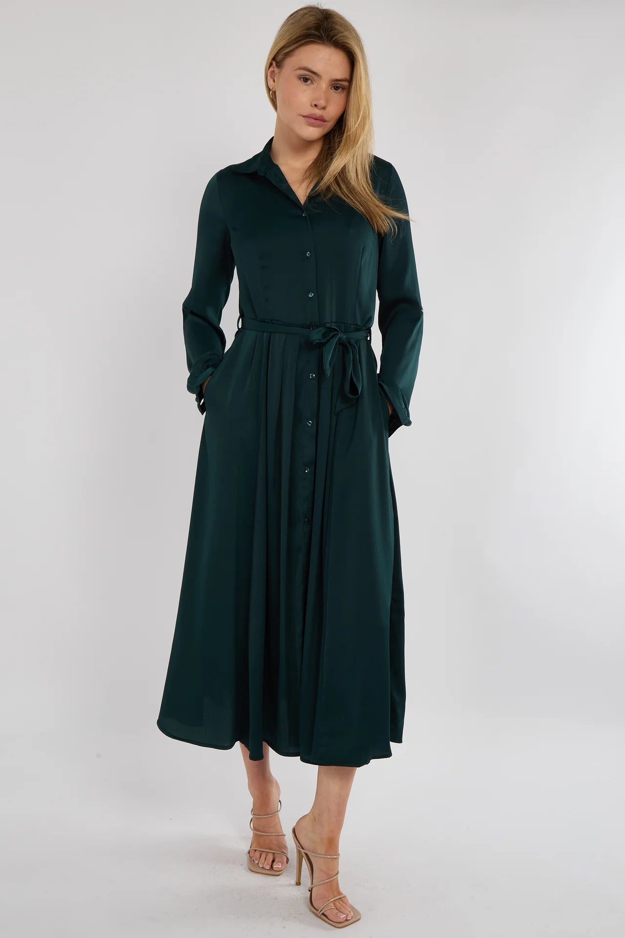Emerald Layered Satin Shirt Dress