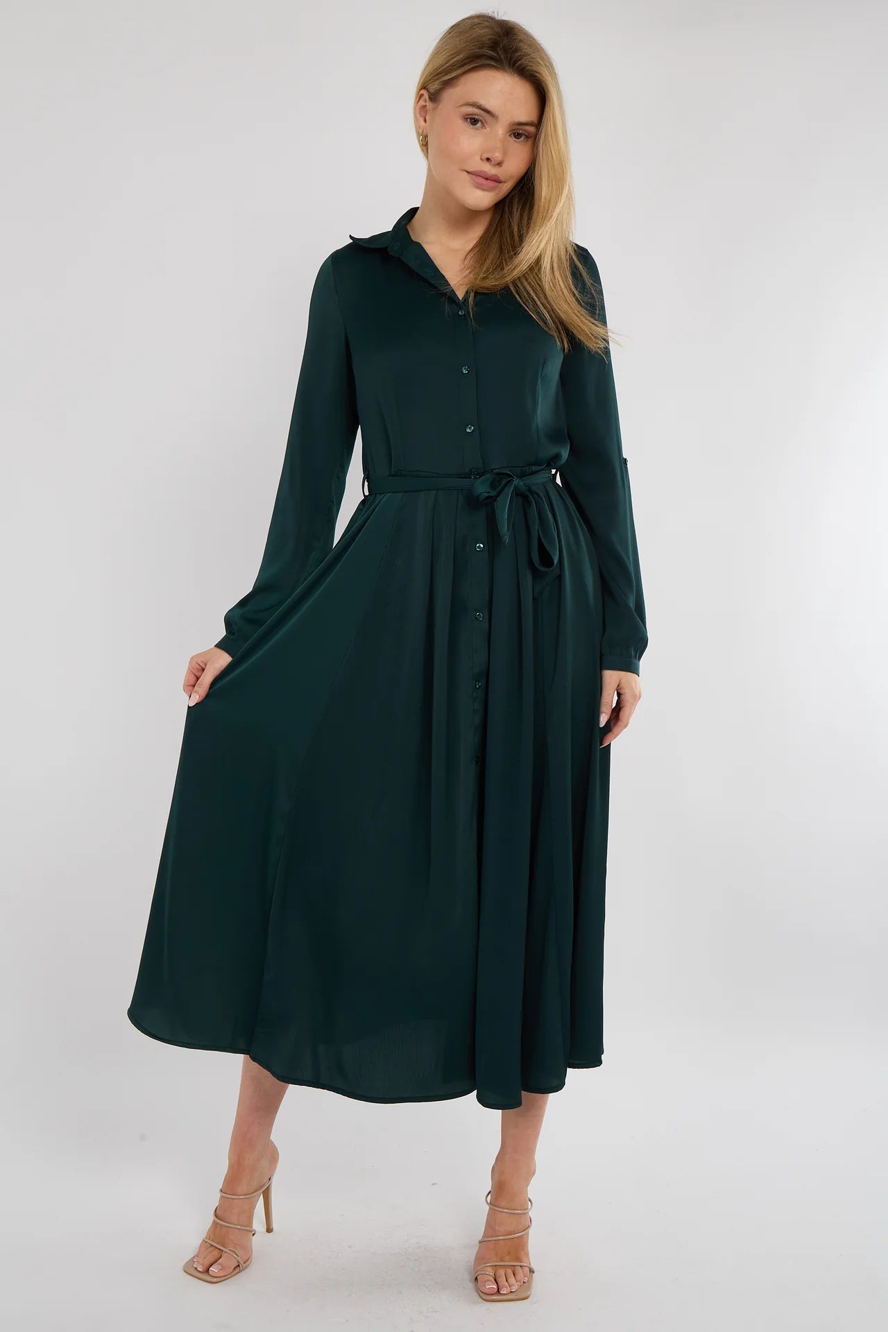 Emerald Layered Satin Shirt Dress