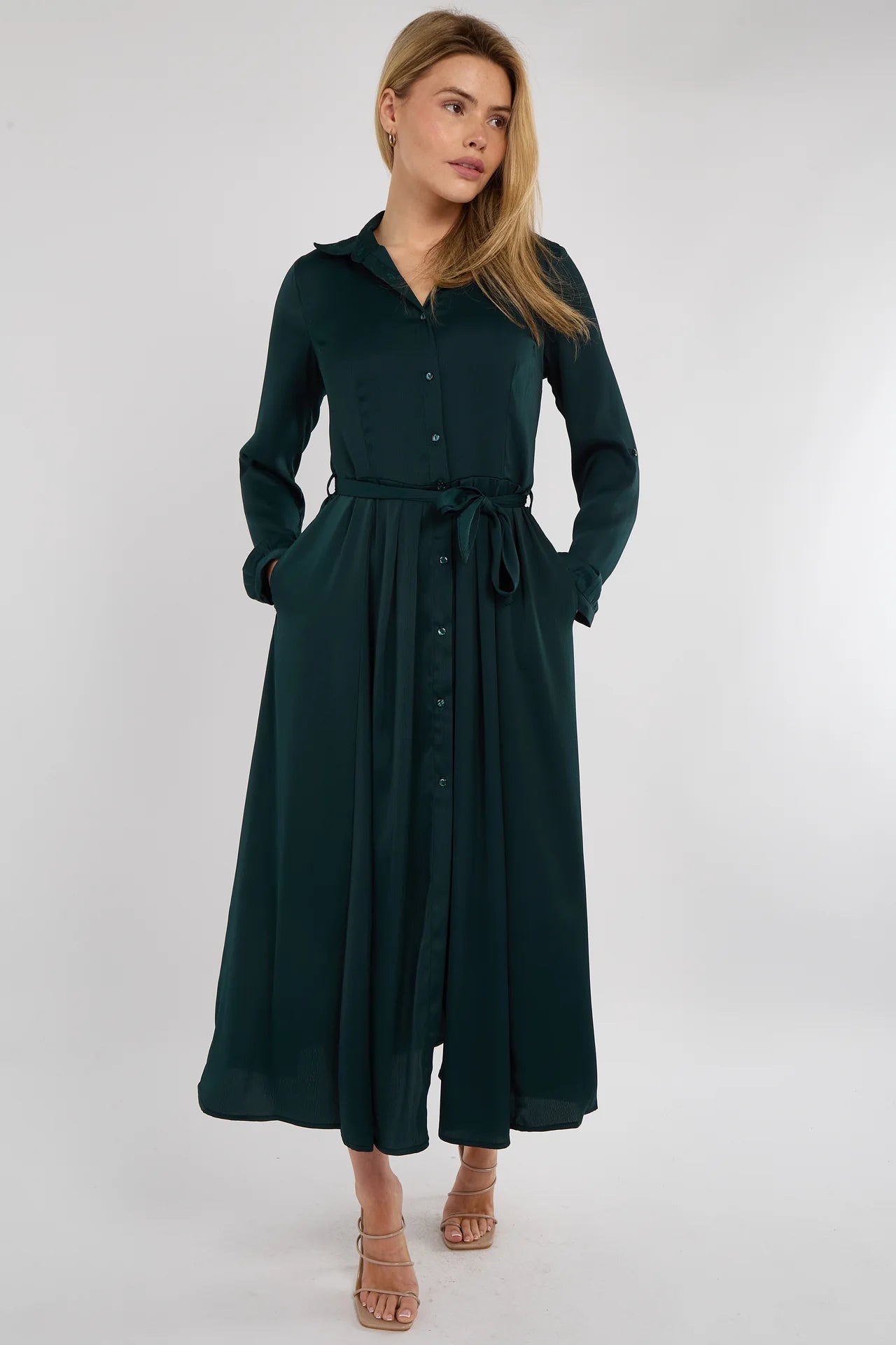Emerald Layered Satin Shirt Dress
