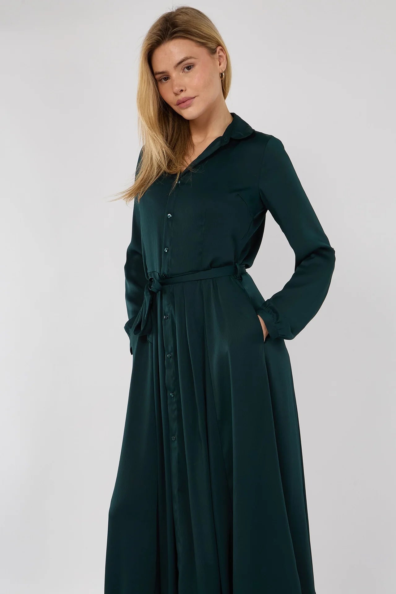 Emerald Layered Satin Shirt Dress