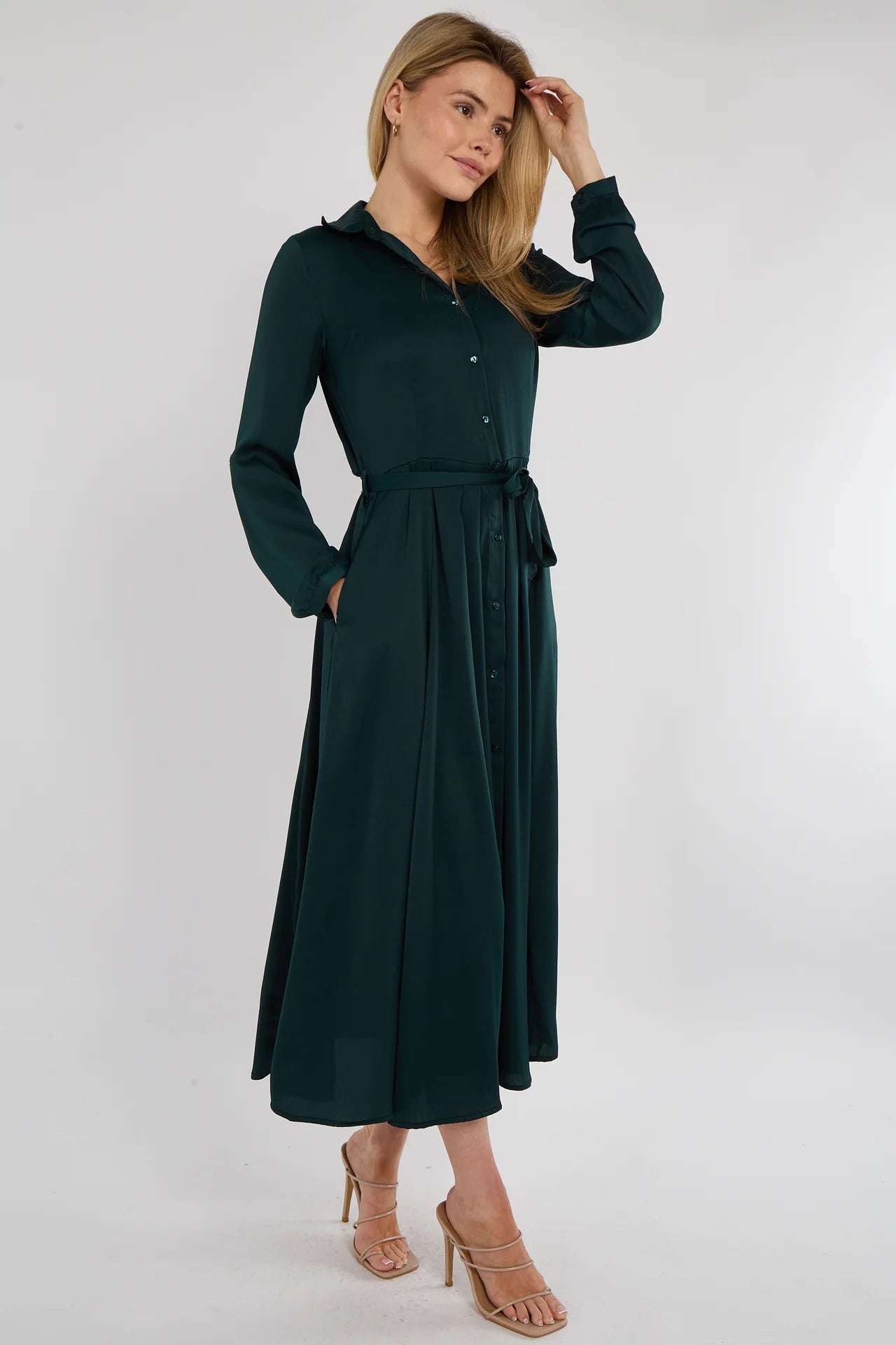 Emerald Layered Satin Shirt Dress