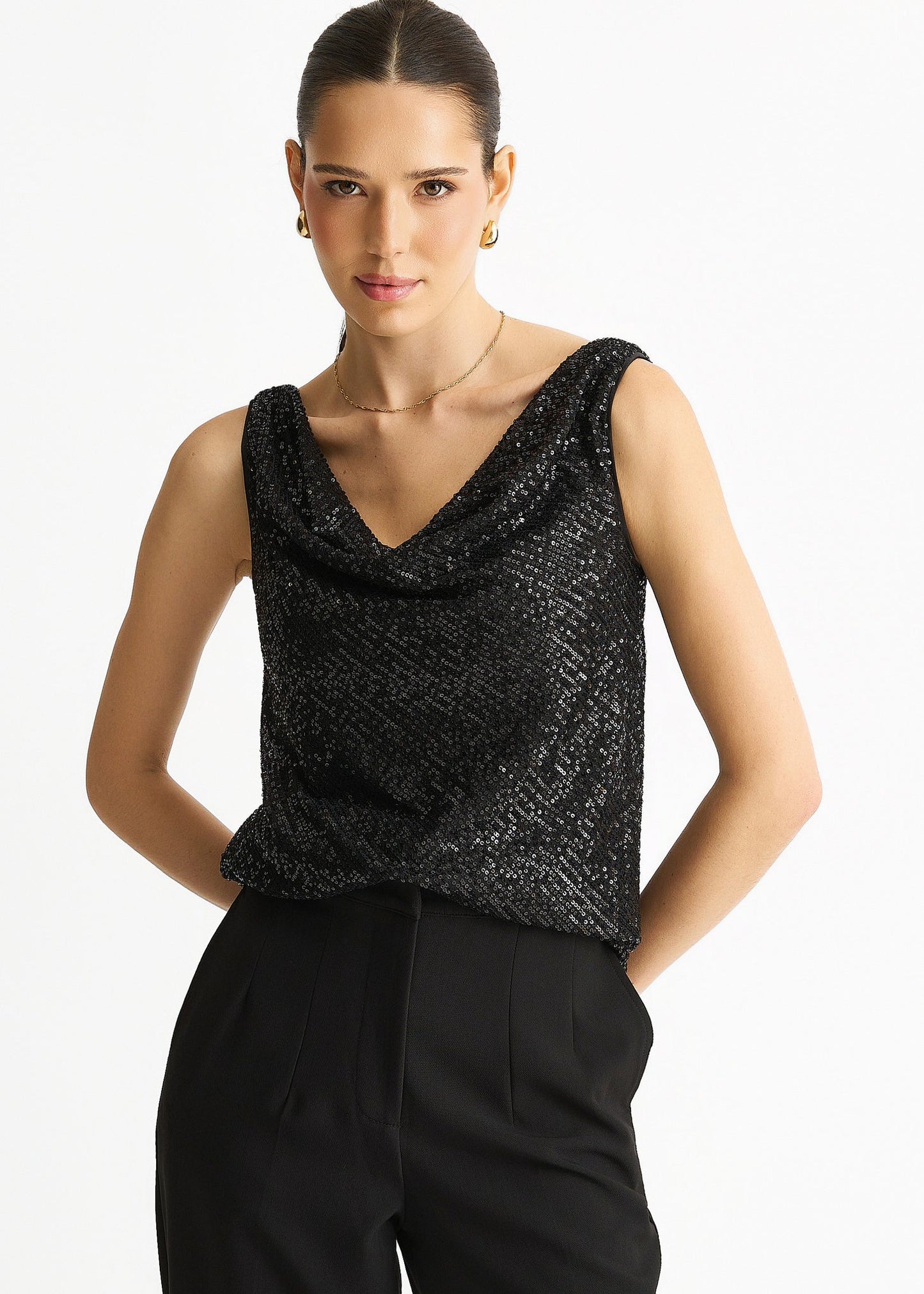 Sequin cowl neck top in Black