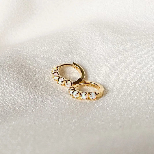18K Gold Opal Huggie Hoop Earrings