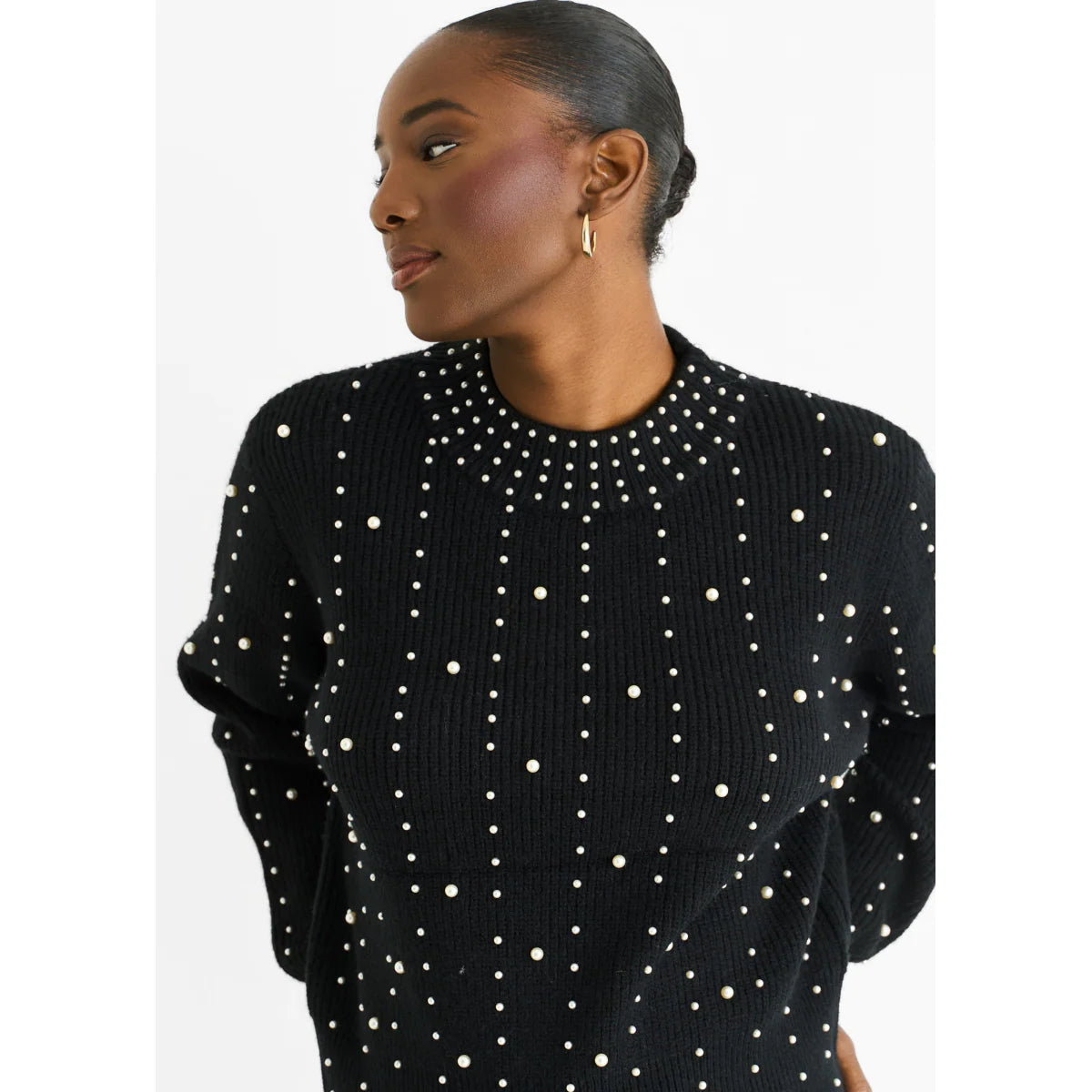 Black Pearl Studded High Neck Knit Jumper
