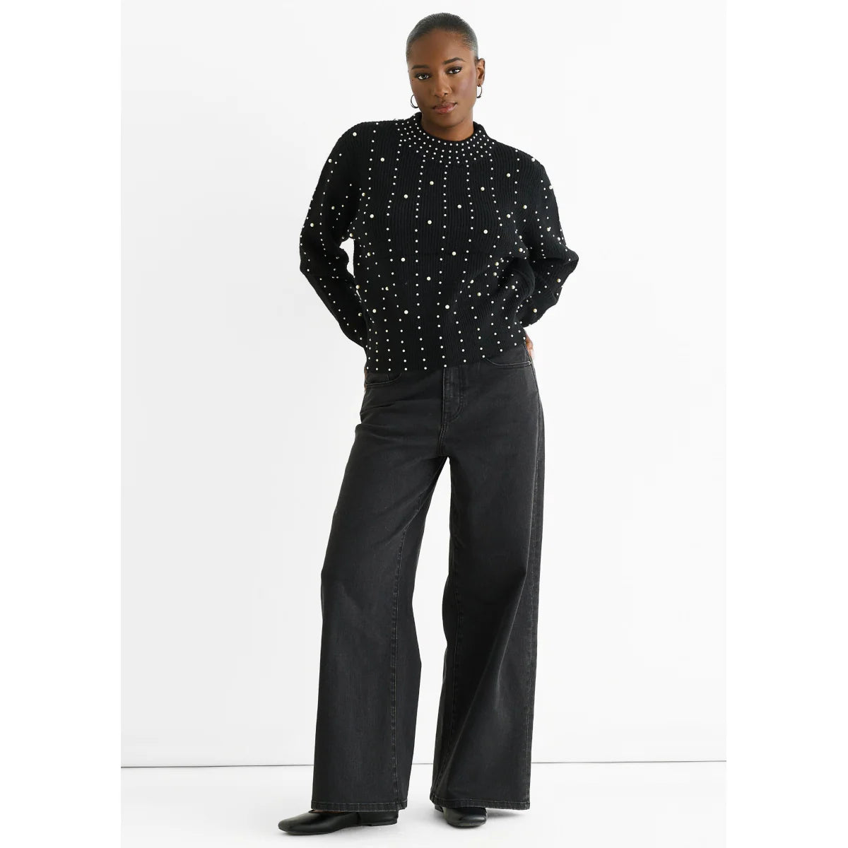 Black Pearl Studded High Neck Knit Jumper