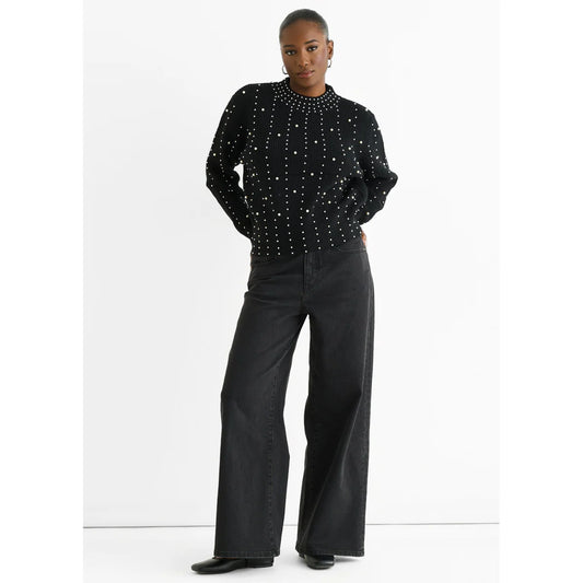 Black Pearl Studded High Neck Knit Jumper