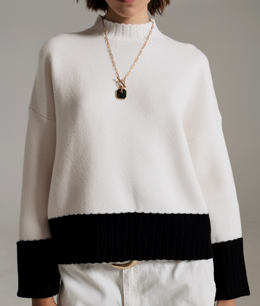 Jumper in White with Black Ribbed Hems