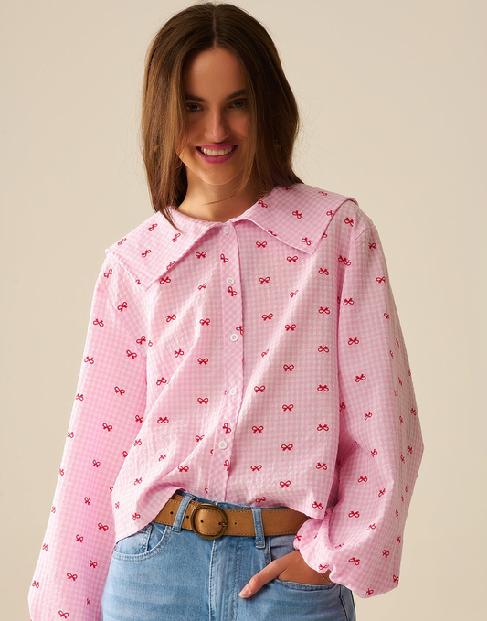 Gingham Bow Shirt in Pink