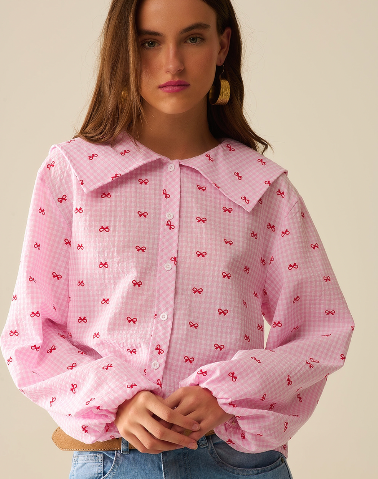 Gingham Bow Shirt in Pink