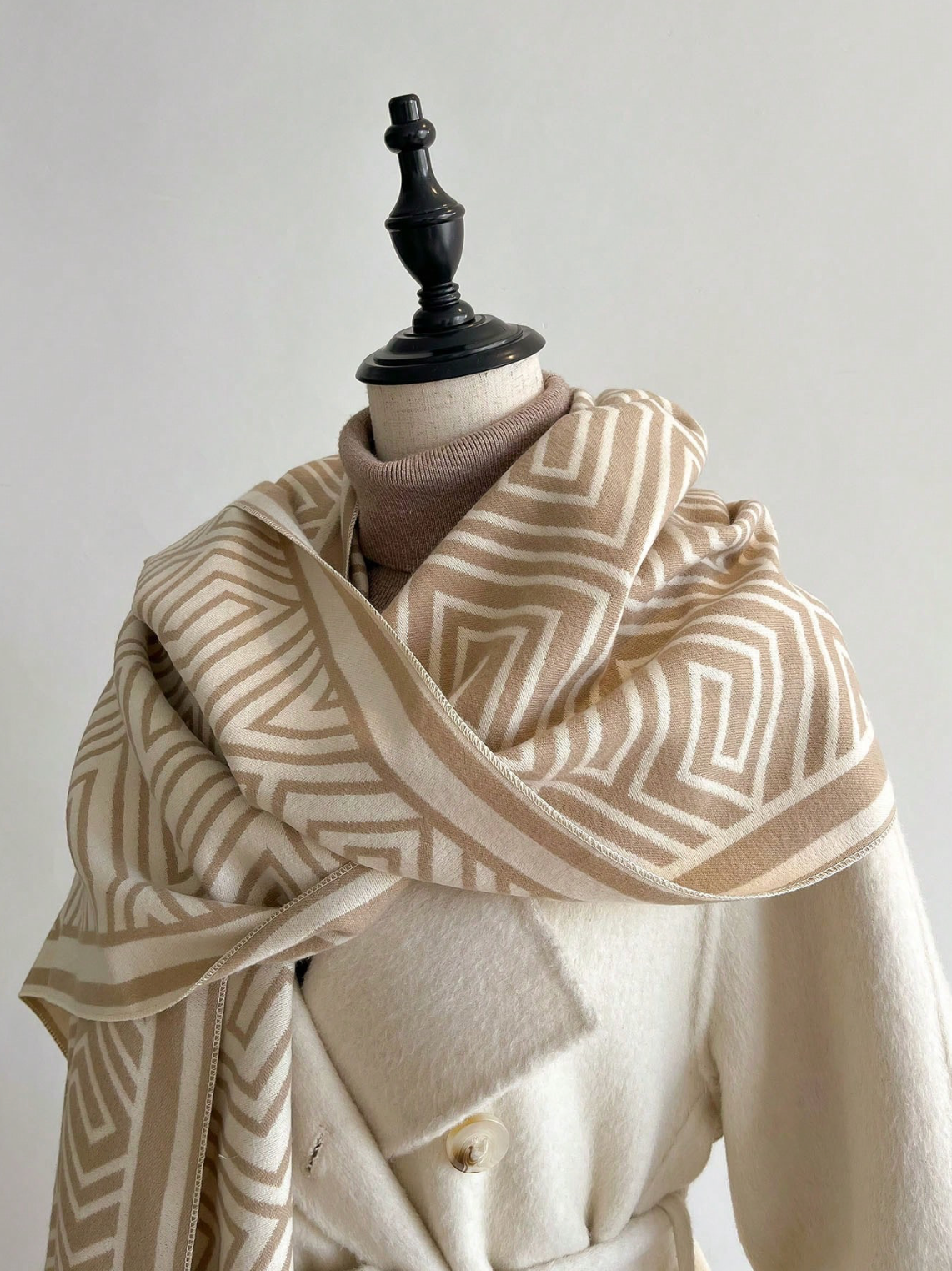 Geometric Shawl Scarf in Cream and Tan