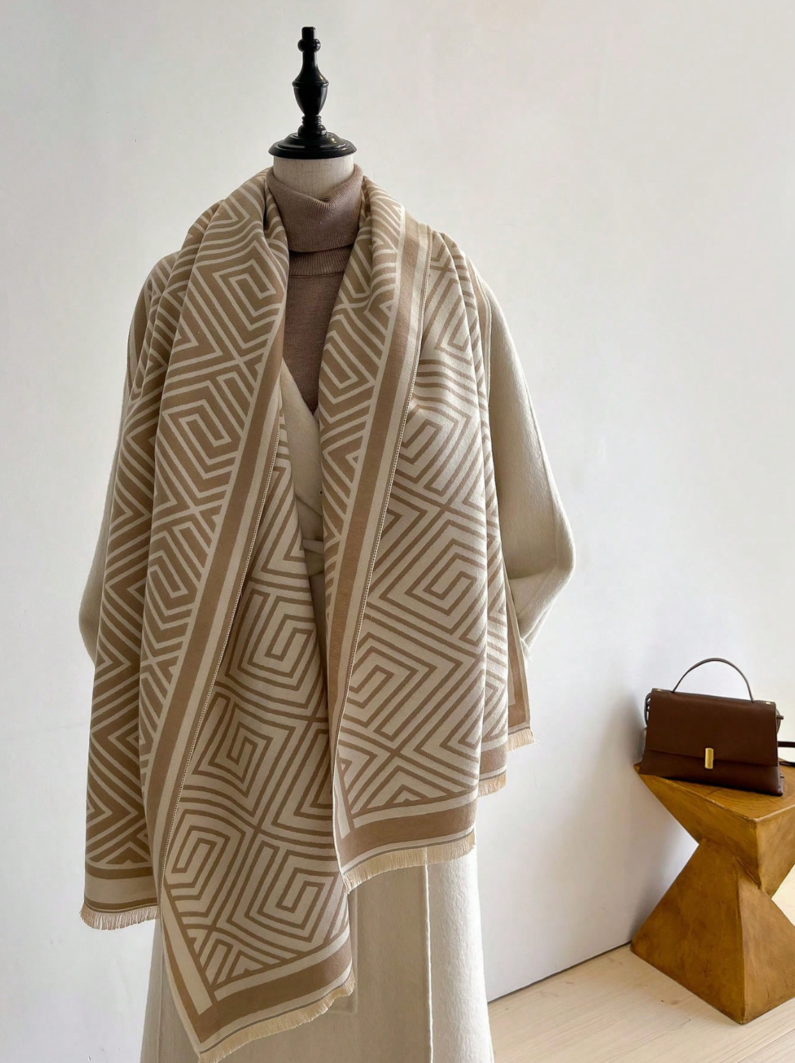 Geometric Shawl Scarf in Cream and Tan