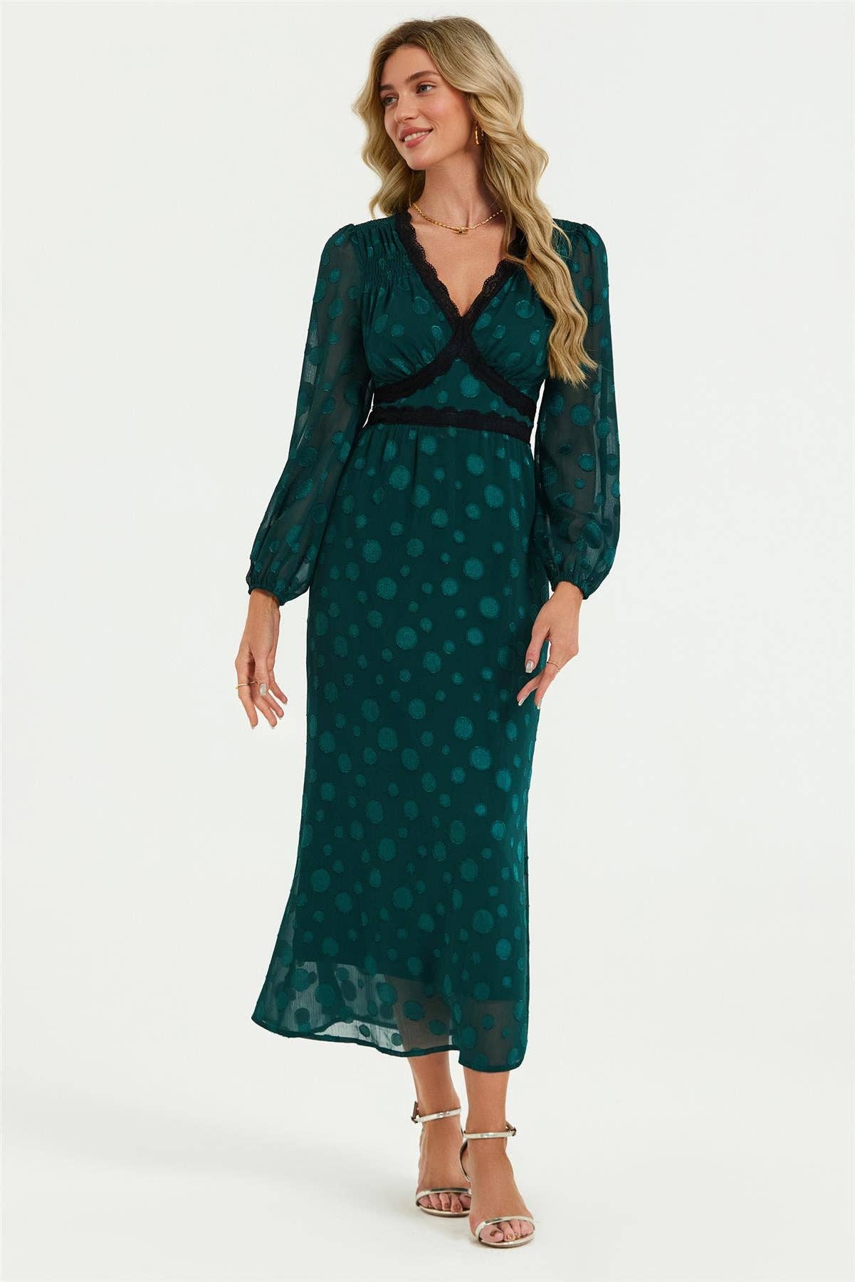 Jacquard Lace Trim Dress In Green