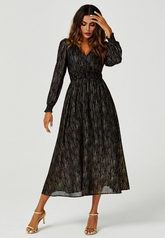 Gold Stripe Foil Long Sleeve Dress In Black