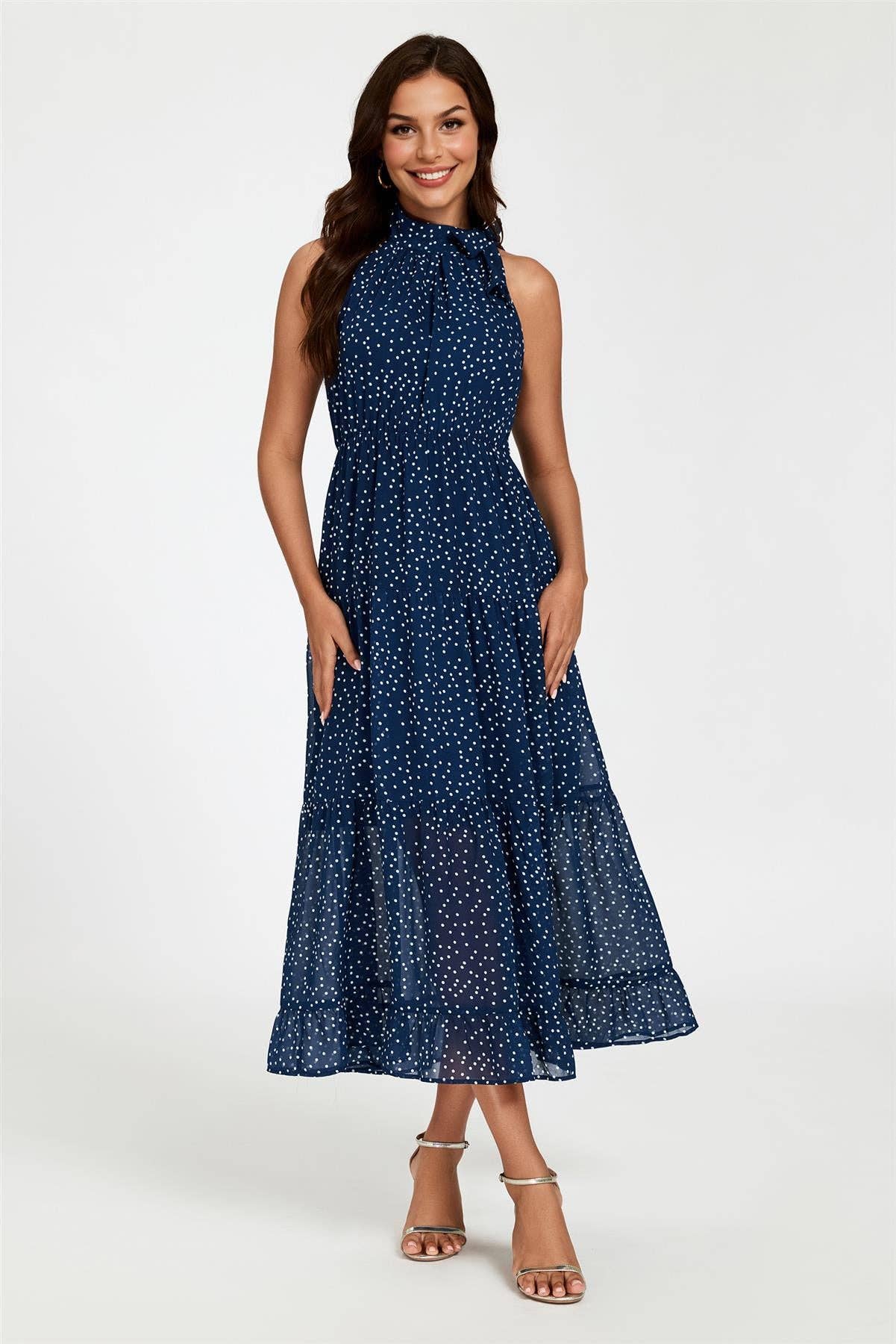 Polka Dot Halter Neck Dress In Navy